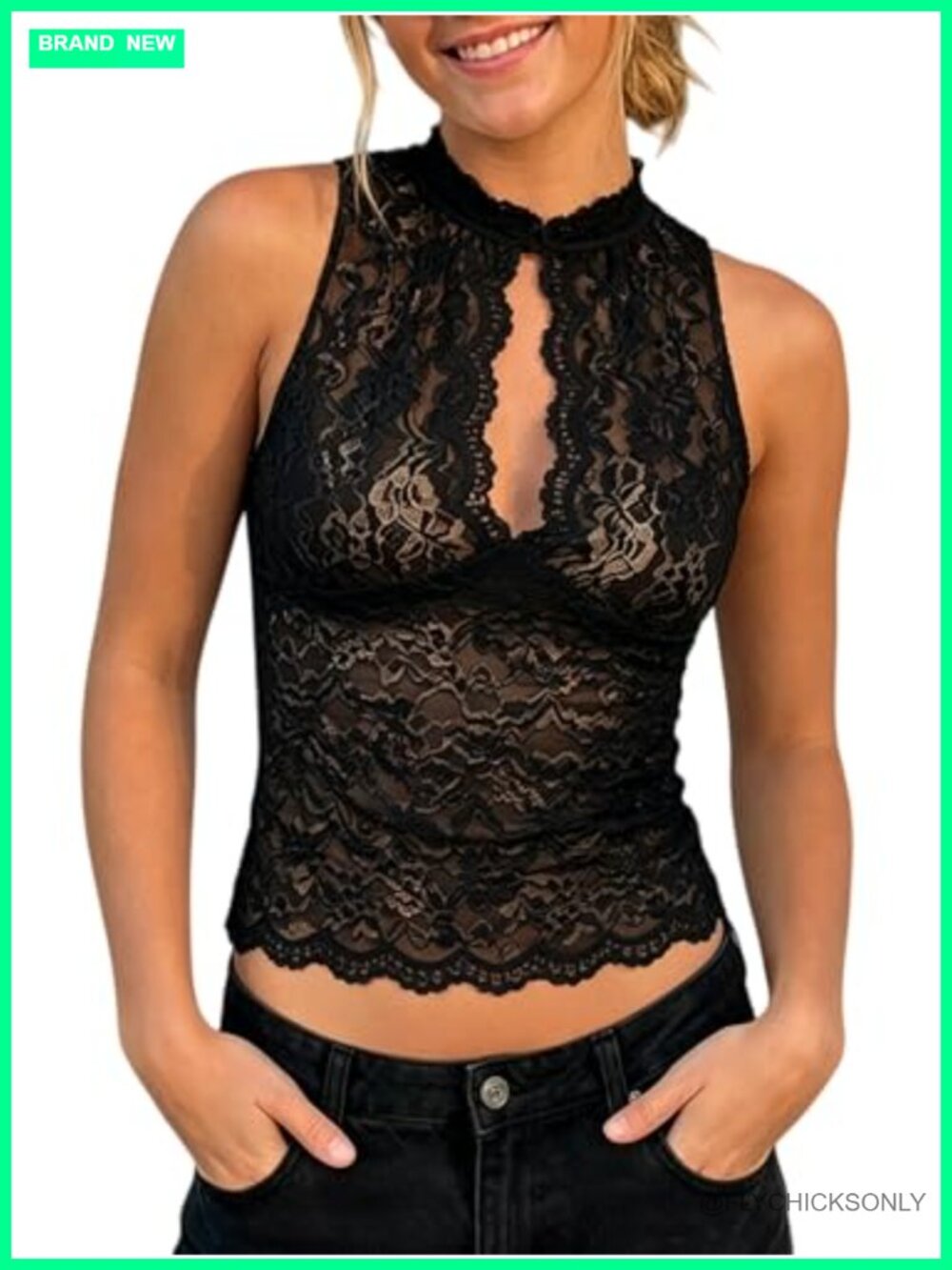 Women's Floral Lace Mock Neck Cutout Sleeveless Crop Tank Top
